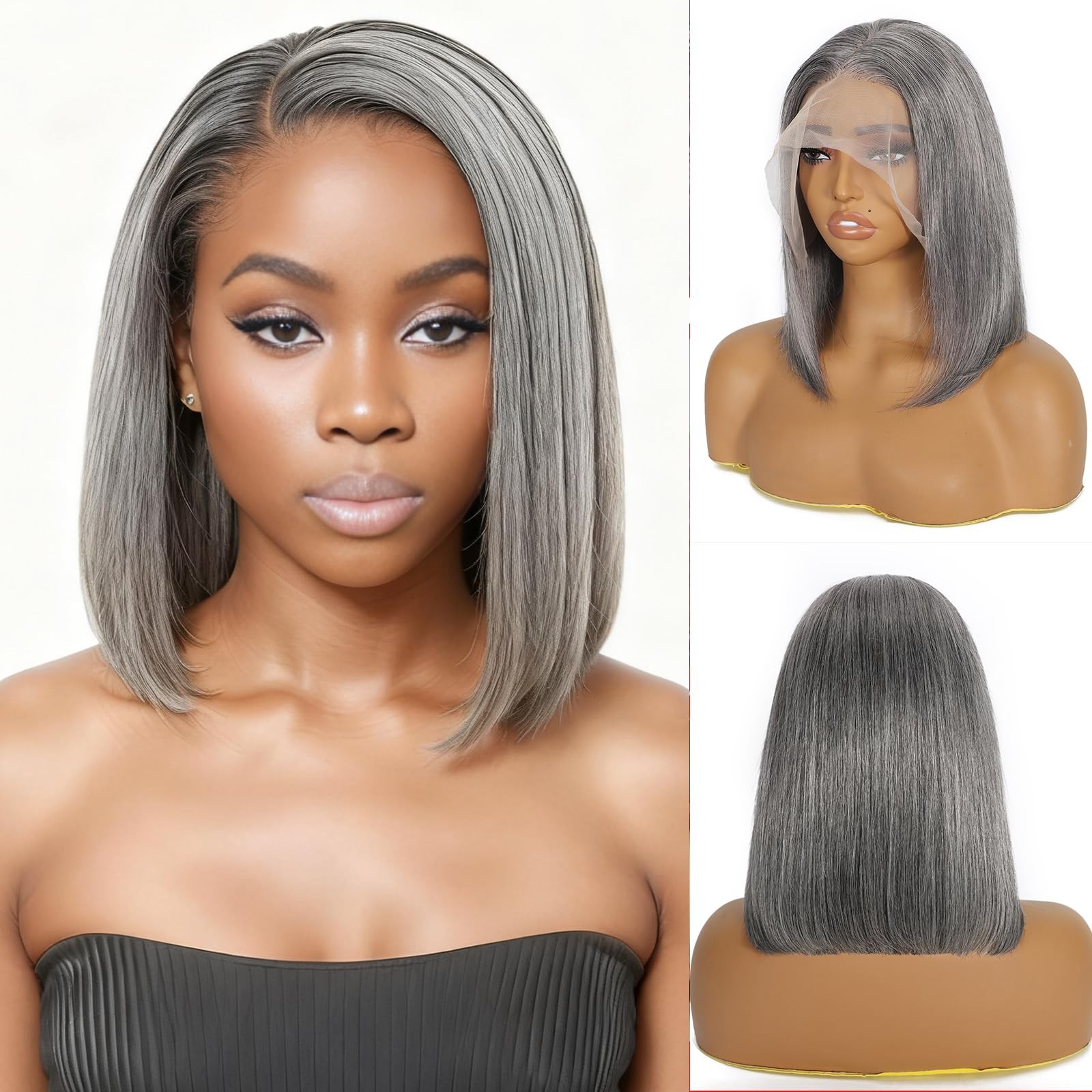 Hoscod 13X4 Hd Lace Front Wig Human Hair 14 Inch Grey Mixed White Lace Frontal