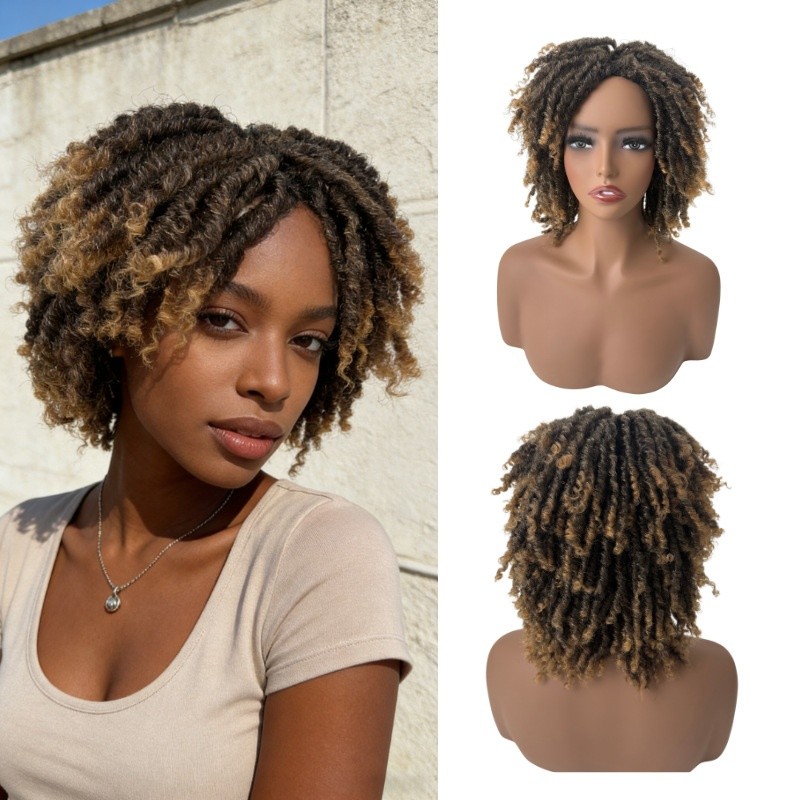 Short Dreadlock Wig 12 Inch Synthetic Fiber Curly Braided Wig Rose Net Cap 1B#