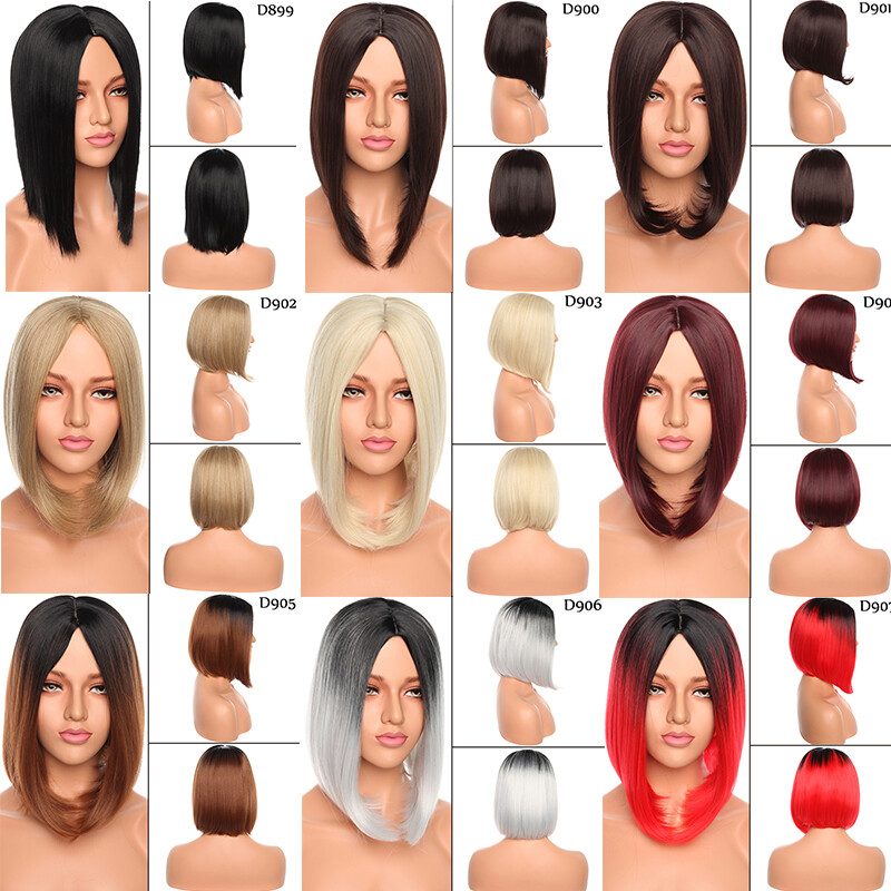 Full Synthetic Ombre Gray Brown Hair Straight Women Wigs with Rose net 12″ Long
