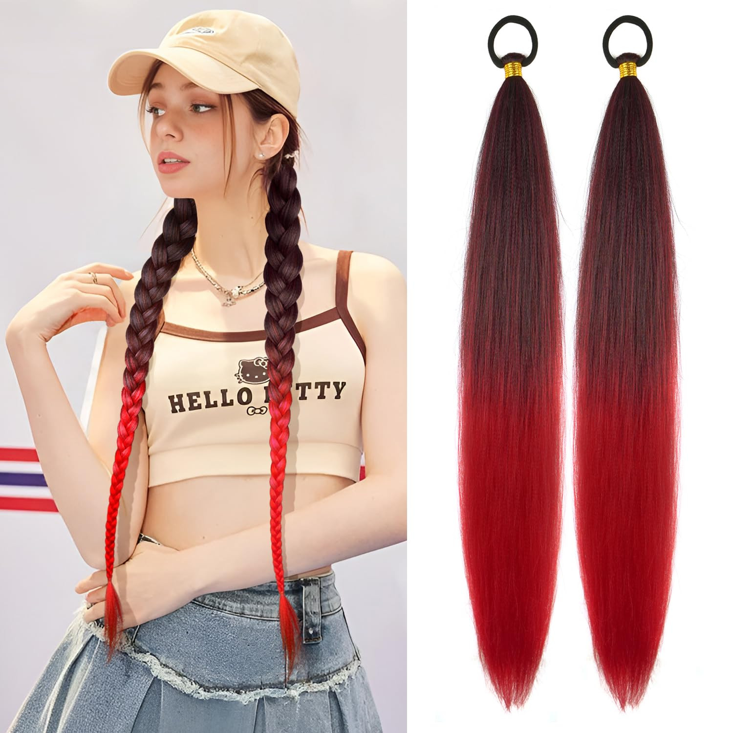 2 Pack Braid Ponytail Extension with Elastic Tie Straight Sleek Wrap Around Brai