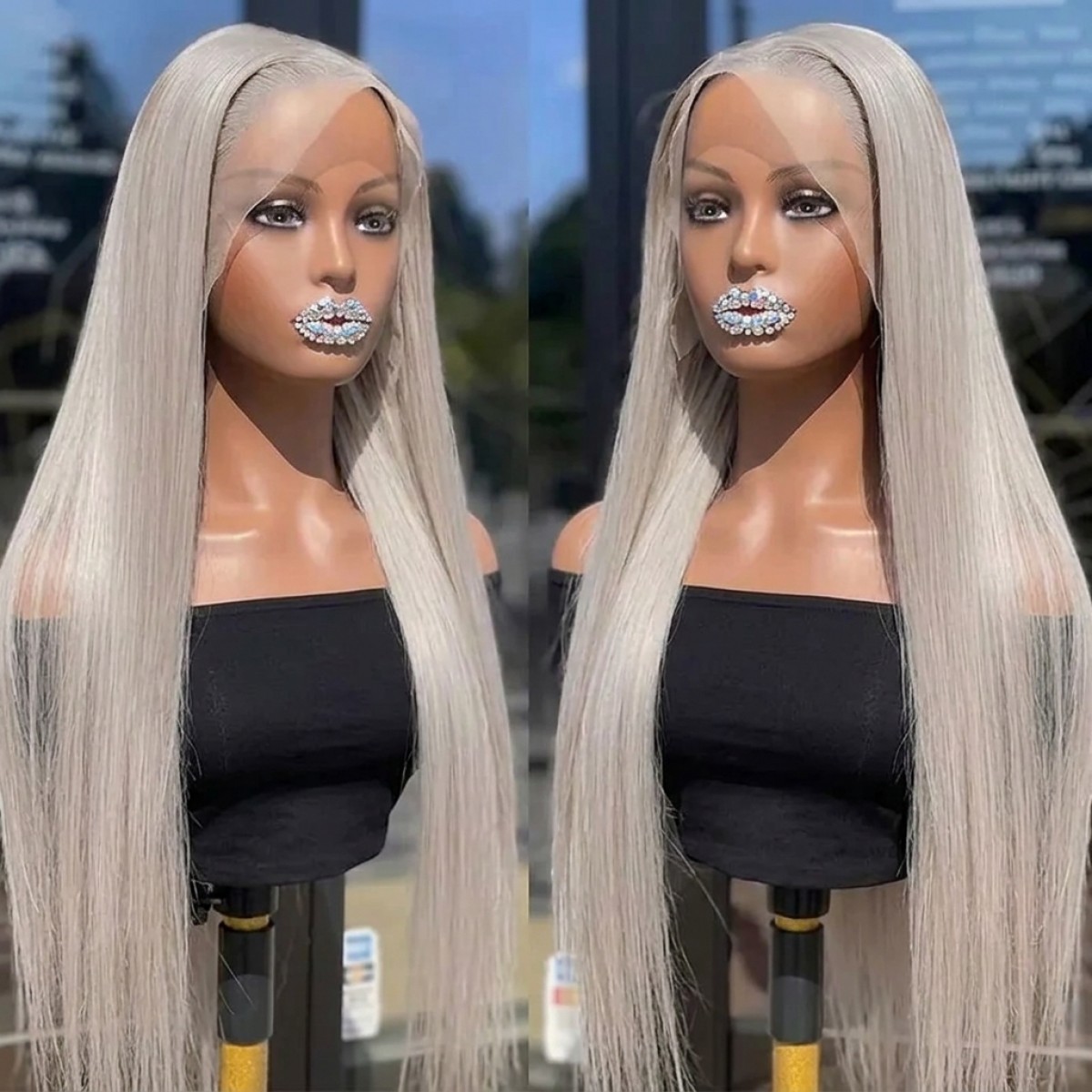 Silver gray Soft Long Straight Lace Frontal Wigs Heat Resistant Hair