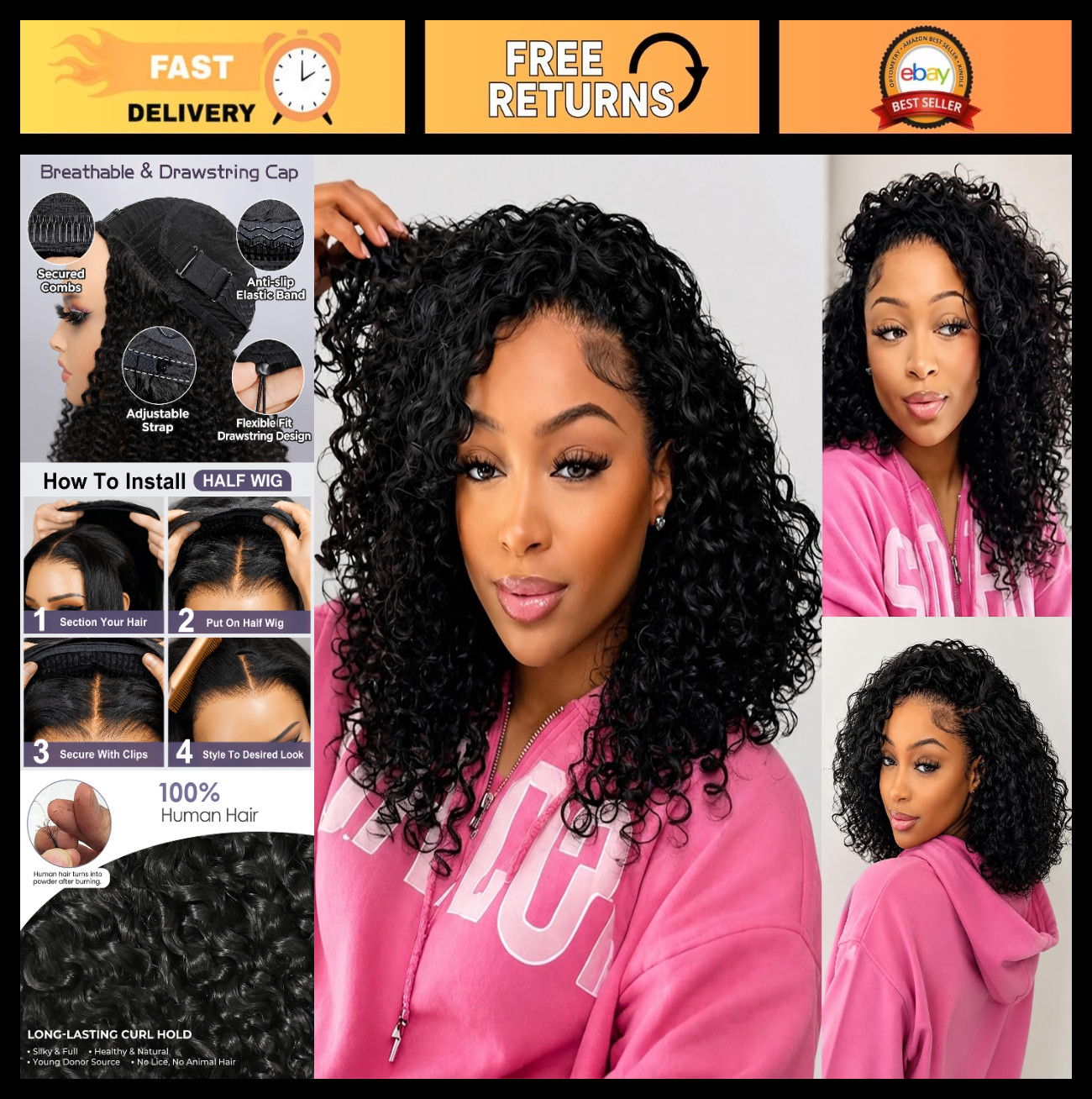 180 Density 16 Inch Half Wig Human Hair, Glueless Drawstring Clip-In, Water Wave