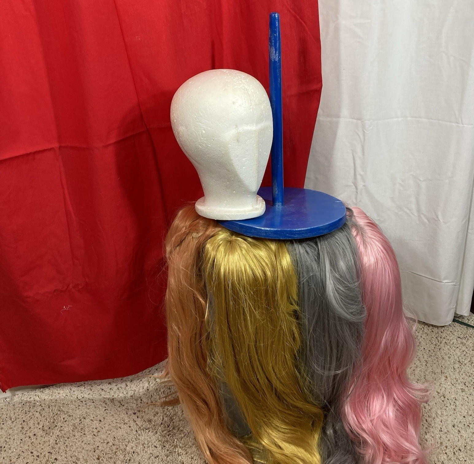 Cosplay Wigs, Set of 4 (Gold, Pink, Gray, Amber), Plus Stand (made by Dad)