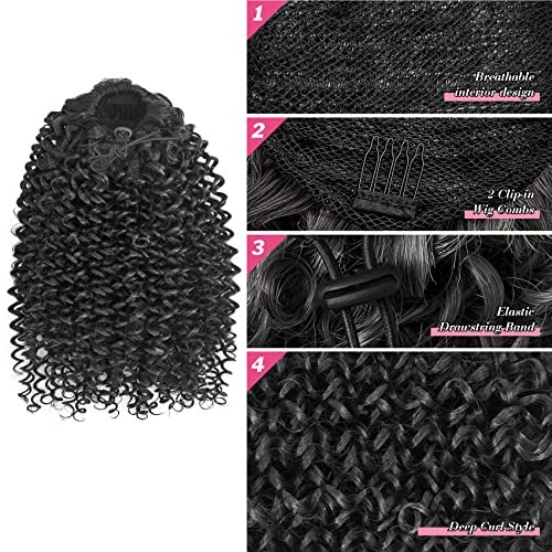Deep Curly Drawstring Ponytail Extension for Black Women Black Afro 14 Inch 1b
