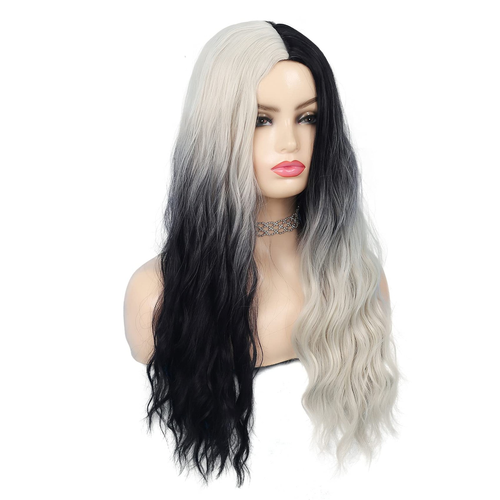 Black and White Curly Wigs for Women Long Wave Ombre Synthetic Hair Natural S…