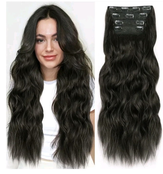 ALXNAN Clip in Long Wavy Synthetic Hair Extension 24 Inch Black Brown 4PCS Thick