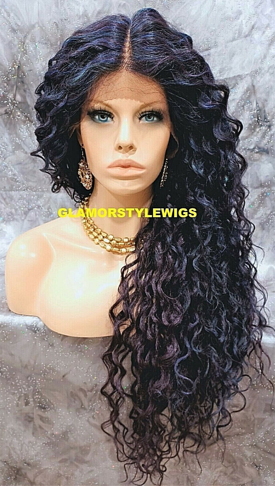 38” LACE FRONT FULL WIG EXTRA LONG LAYERED CURLY BLACK PURPLE BLUE MIX HEAT OK