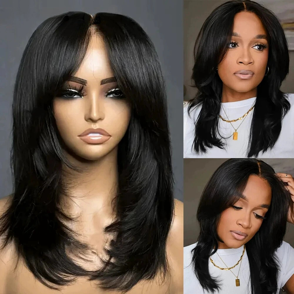 Fashion Black Straight Layered Cut 13×4 Lace Front Remy Human Hair 200% Density