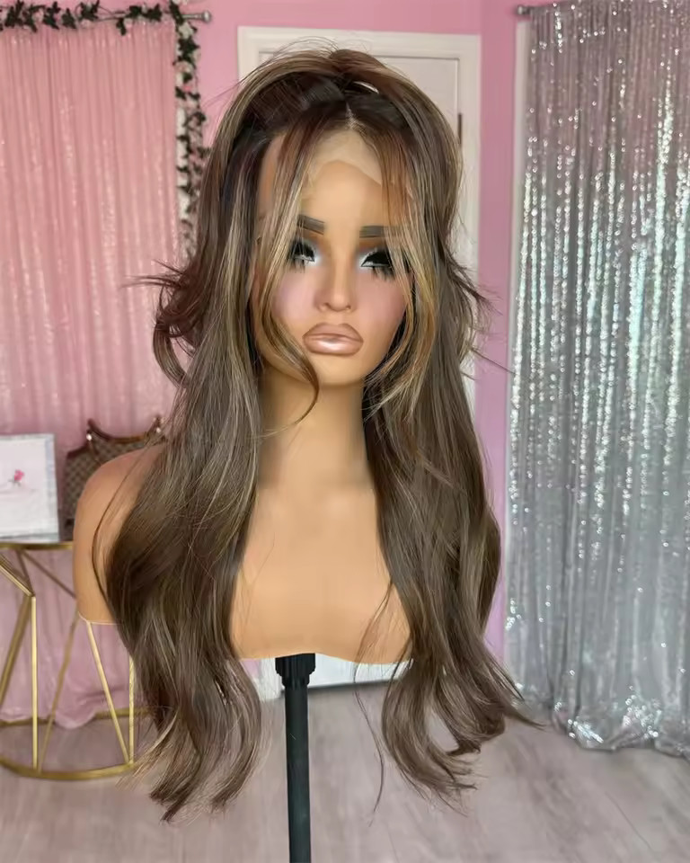 Chestnut Brown Honey Blonde Highlight Wavy Wigs 100% Human Hair Lace Front Wigs