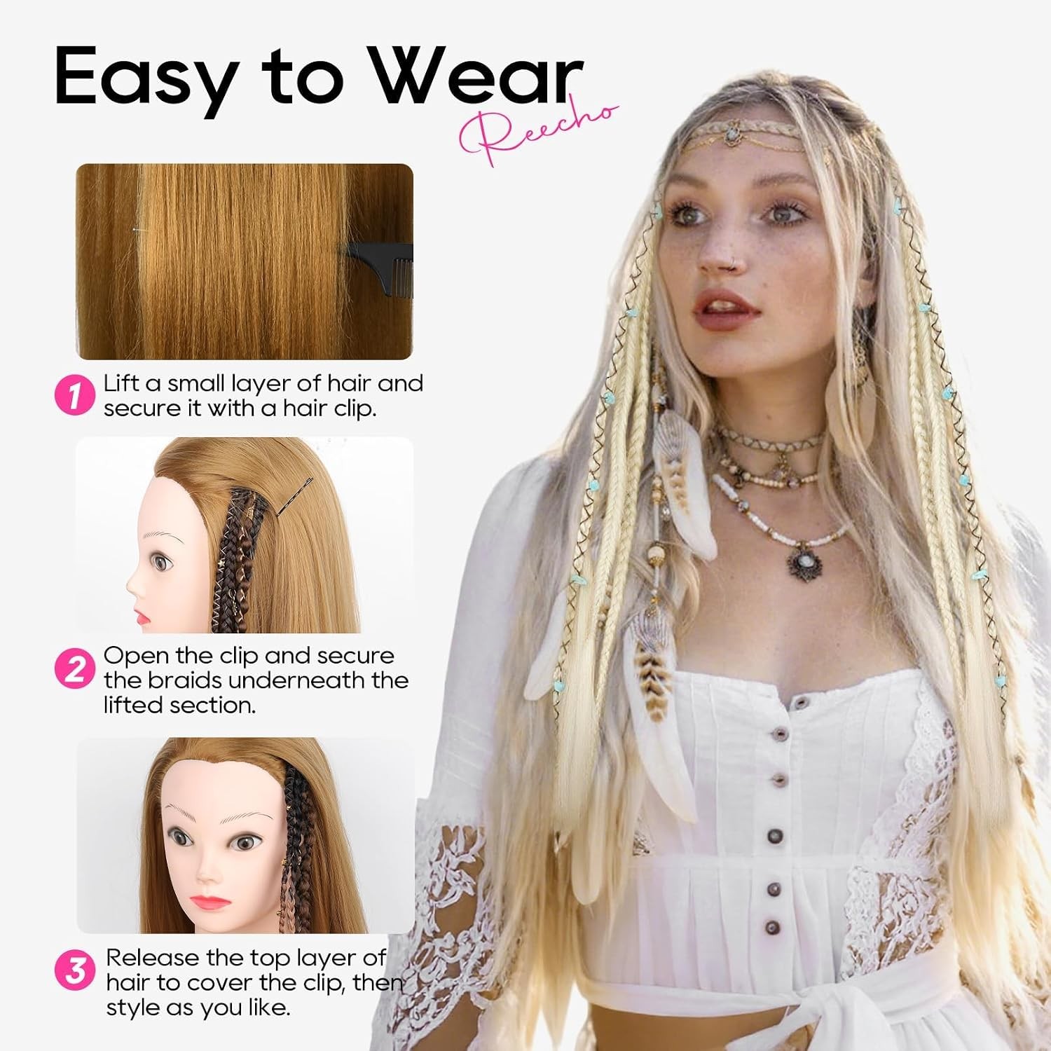 Clip in Braid Hair Extensions Women 20″ Boho Dreadlock Clip in Braids with Beads