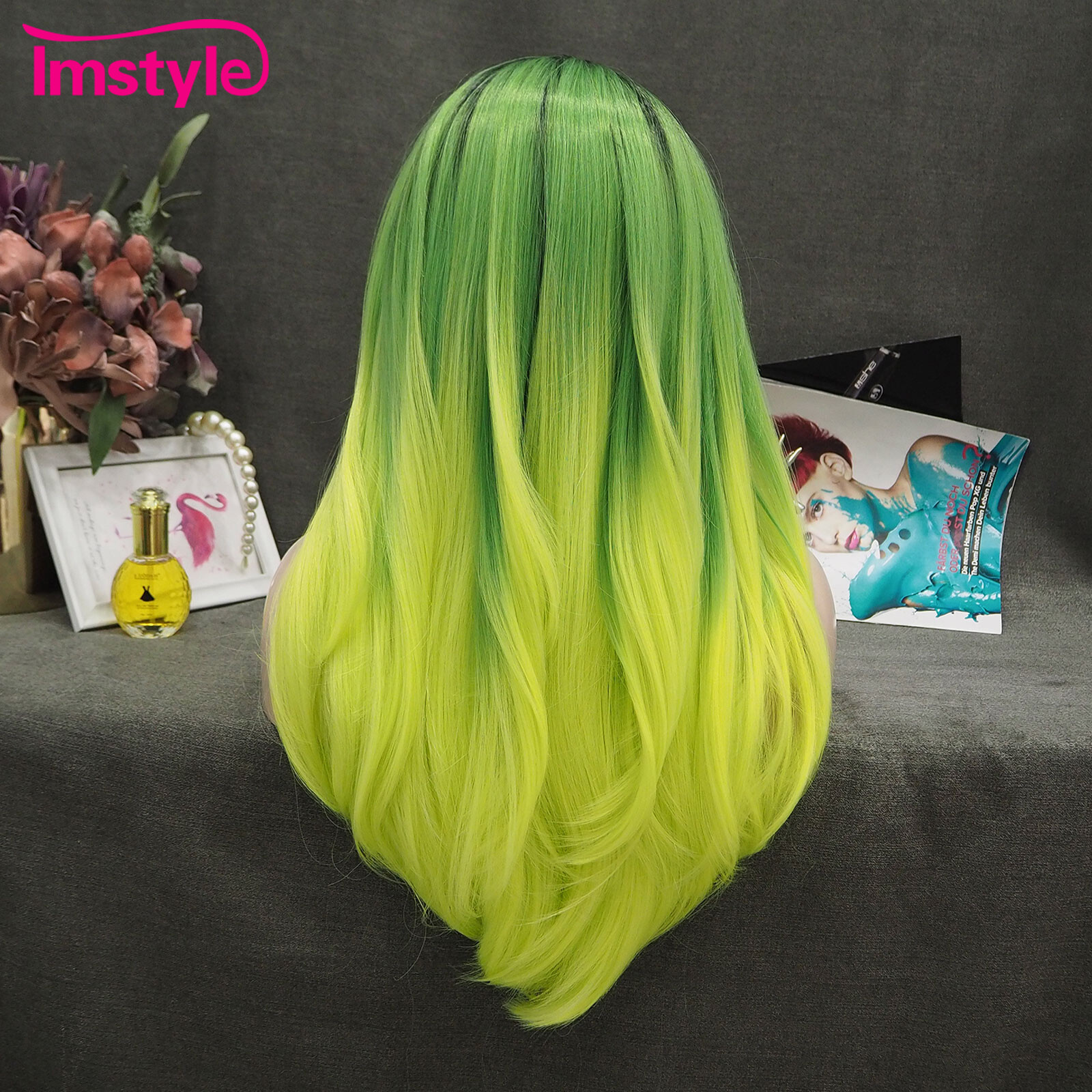 Ombre Green Wig Straight Synthetic Lace Front Wig Heat Resistant Fiber