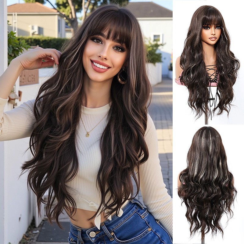 Women Long Wavy Mixed Brown blonde Heat Resistant Hair Cosplay Wigs With Fringe
