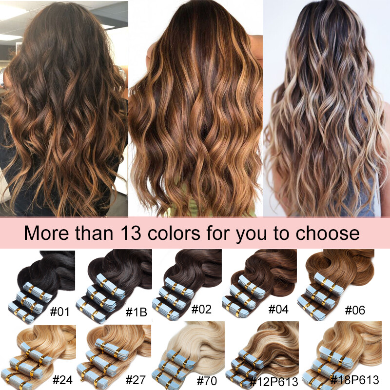 Skin Weft Remy Real Human Hair Extensions Tape In Full Head 200g WAVY Balayage