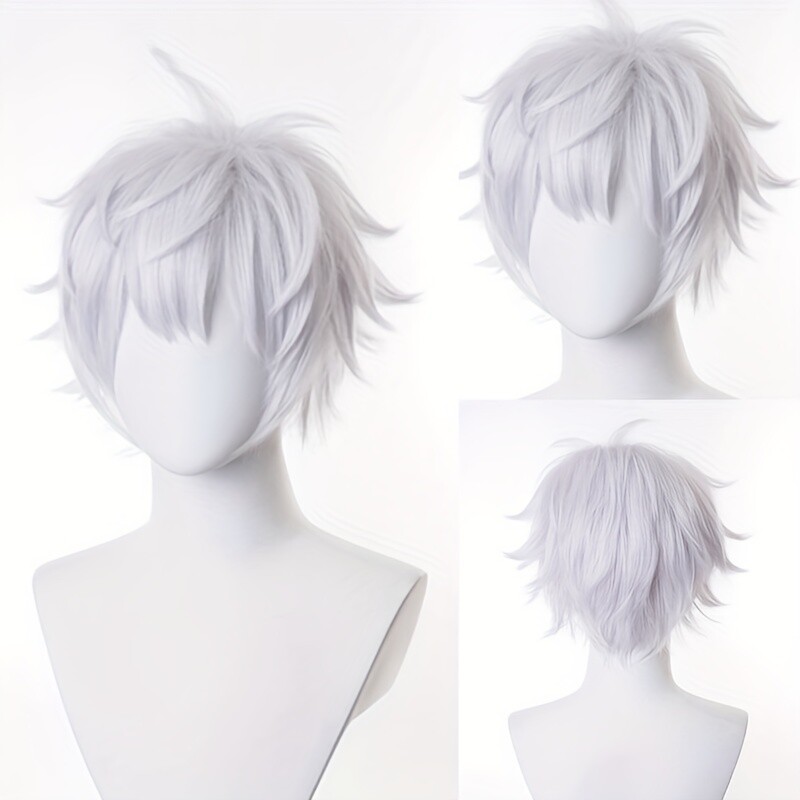 Men Silver White Wig Short Straight Synthetic Anime Hair High Temperature Fiber
