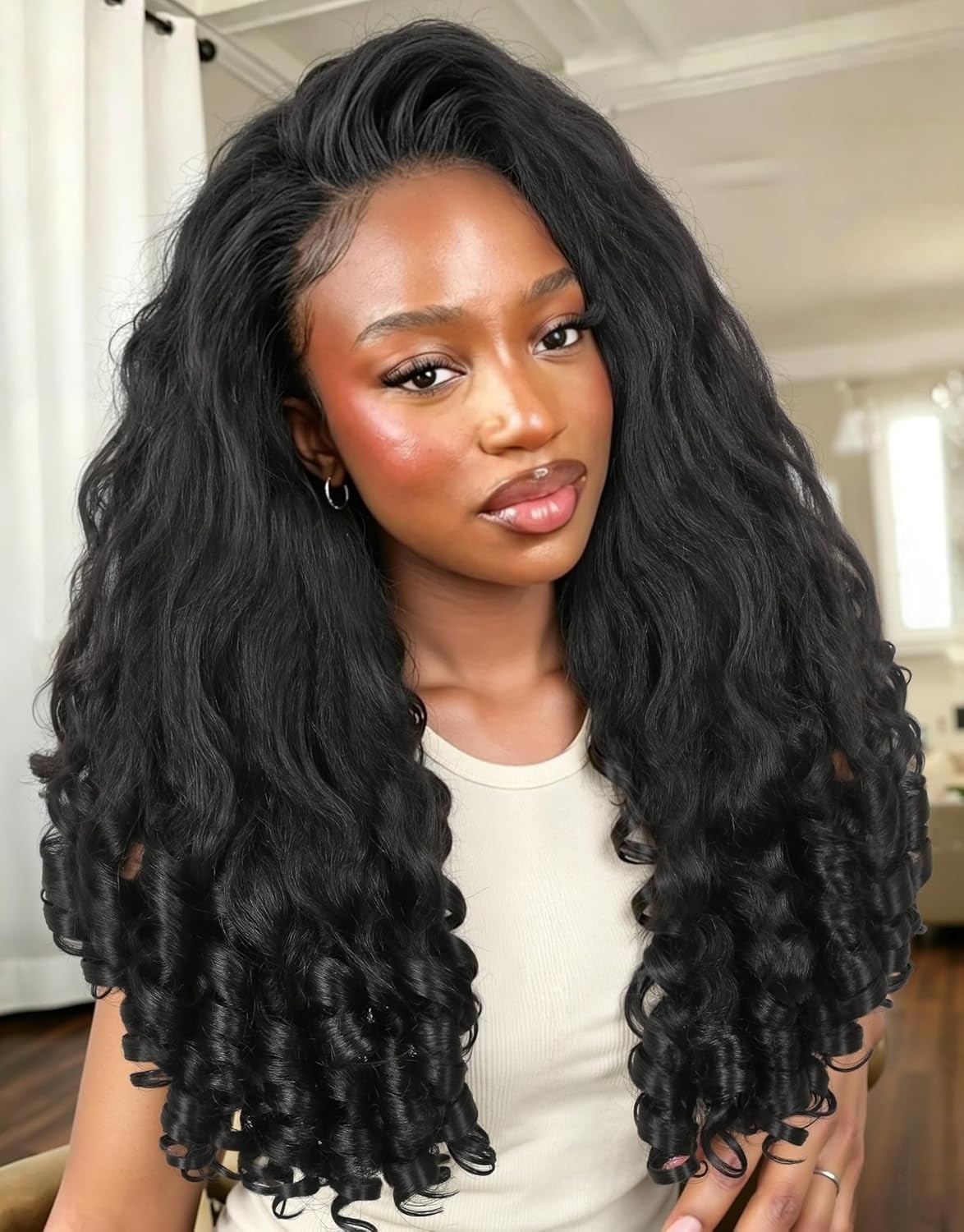 V Part Yaki Curly Wig 22 Inch Glueless Synthetic Half Wig for Black Women