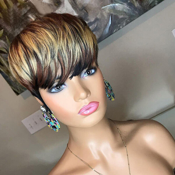 Pixie Cut Human Hair Short Wigs for Women Glueless Black Brown Blonde Mixed Wigs