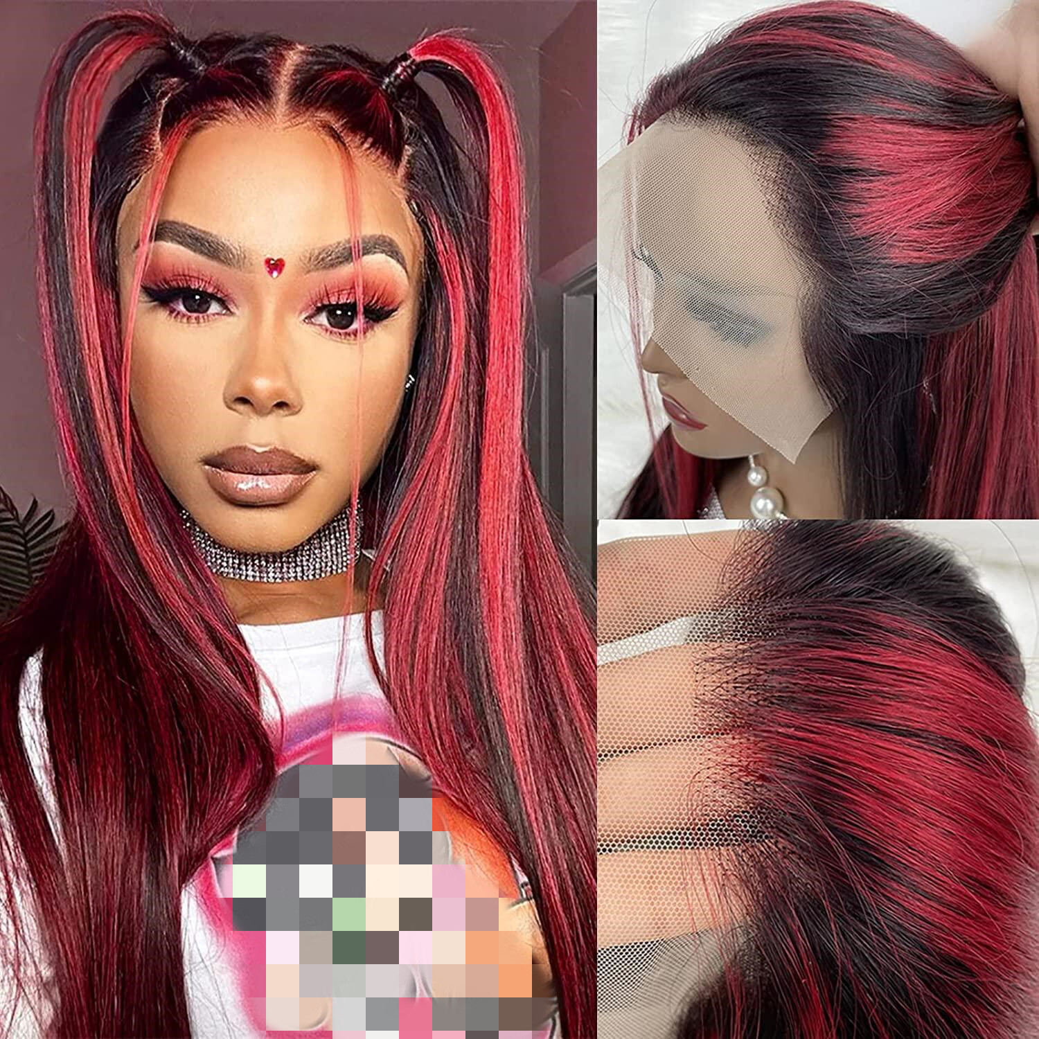 Black Wigs With Red Highlights Streak 100% Human Hair Lace Front Wigs 13×4