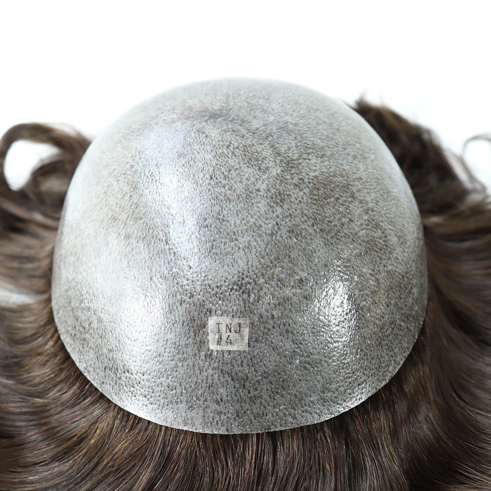 Mens Toupee Full Poly Skin Injected PU Human Hair System Replacement Wig for Men
