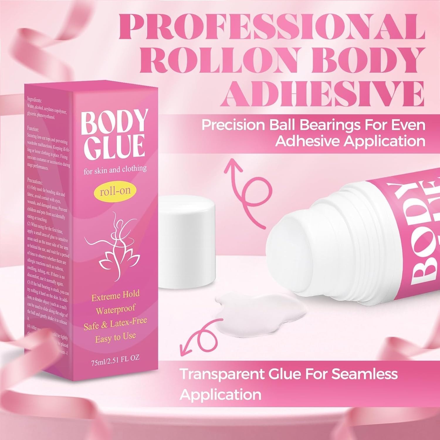 Body Glue for Clothes & Skin 2.54 Oz, Body Adhesive Roll-On, Sweat Resistant,…