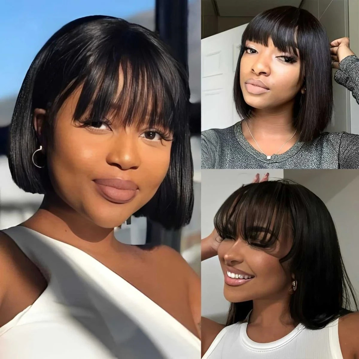 2×1 Lace Straight Bang Bob Wig Human Hair Glueless Realistic Look For Women