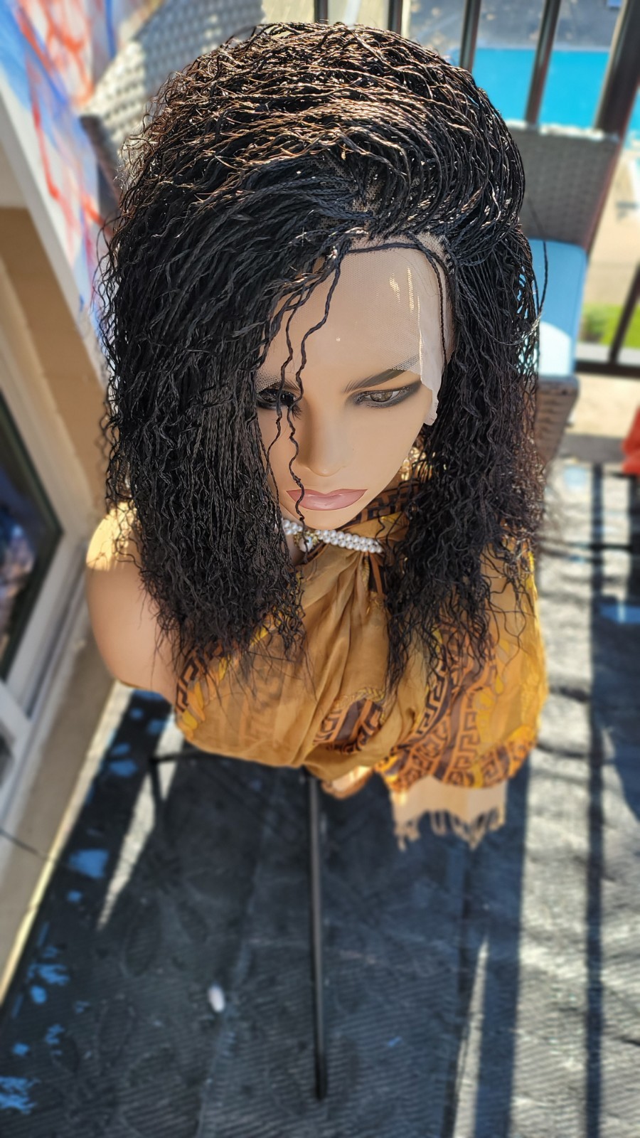 Braided Wig 16″ Micro Boho Braids Jet Black Full Lace Glueless Handmade Curly