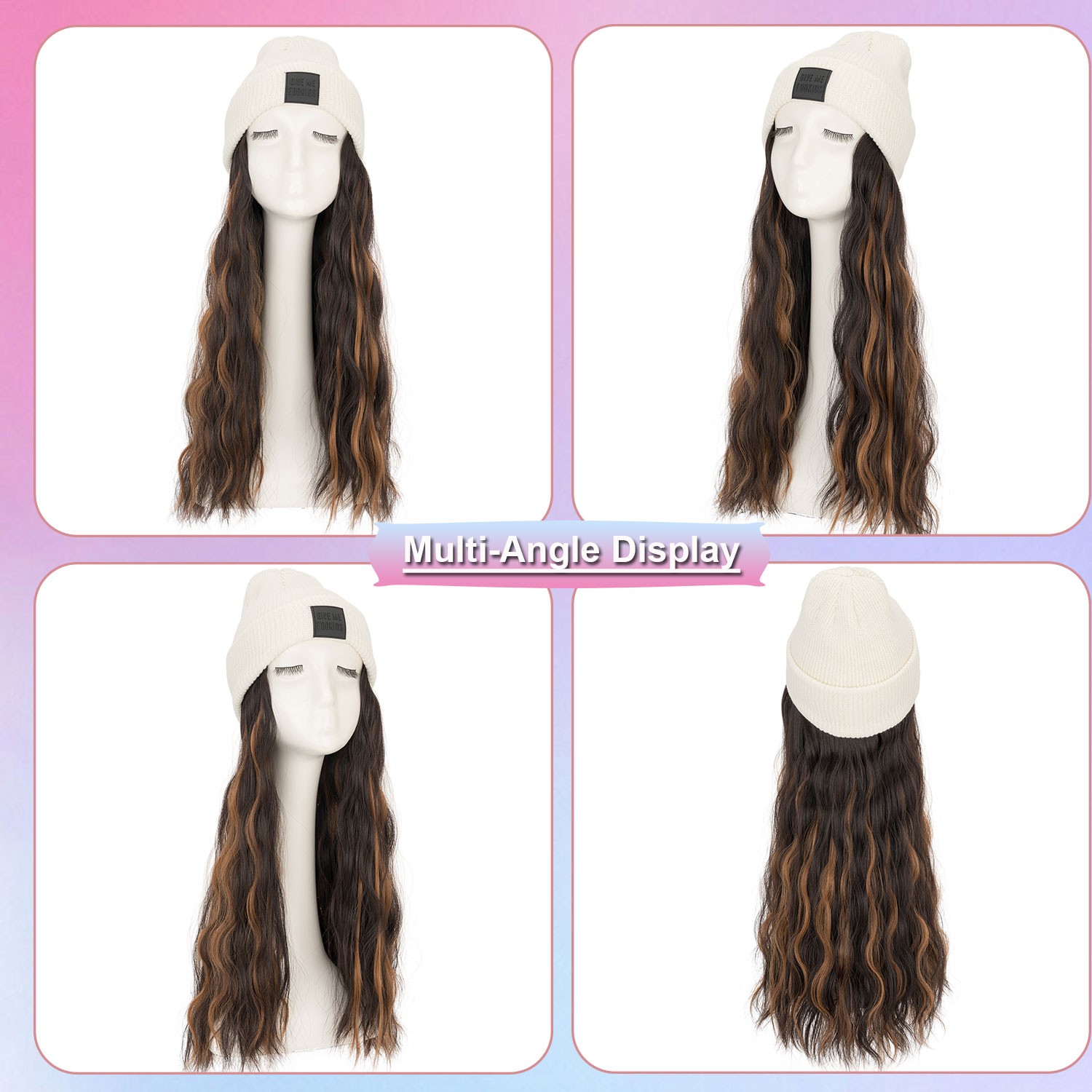 Winter Synthetic Women Long Wavy Beanie Knitted Hat Wig with Synthetic Hair Wigs