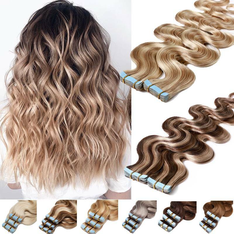 200g Thick Tape In Real Human Hair Extensions Skin Weft Full Head Wavy Ombre US