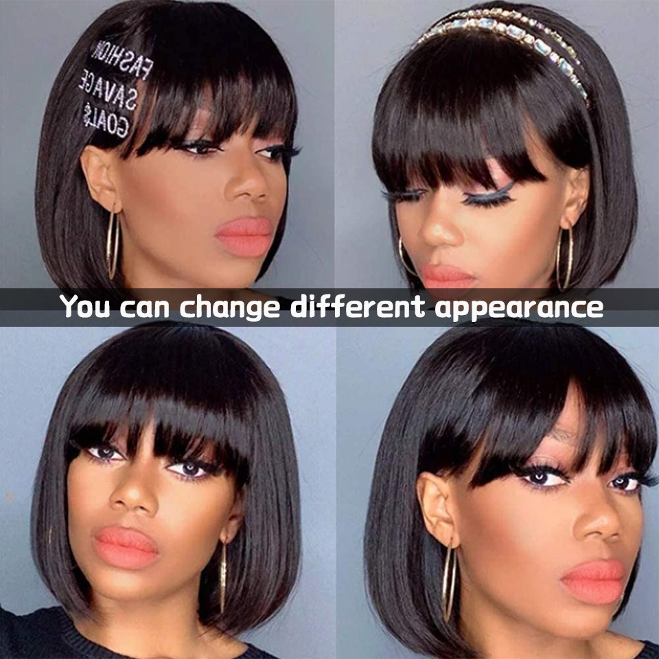 Cosplay Wig With Bangs Layered Black Synthetic Hair Heat Resistant Bob Straight