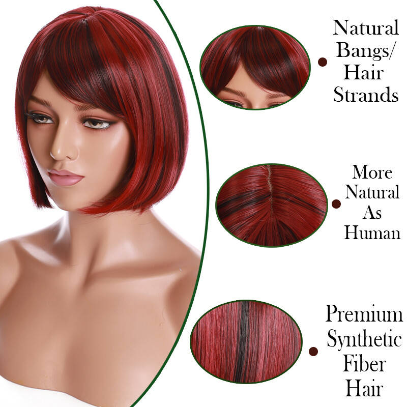 12″+ Women Short Bob Synthetic Lace Front Wig Baby Hair Silky Straight Black US