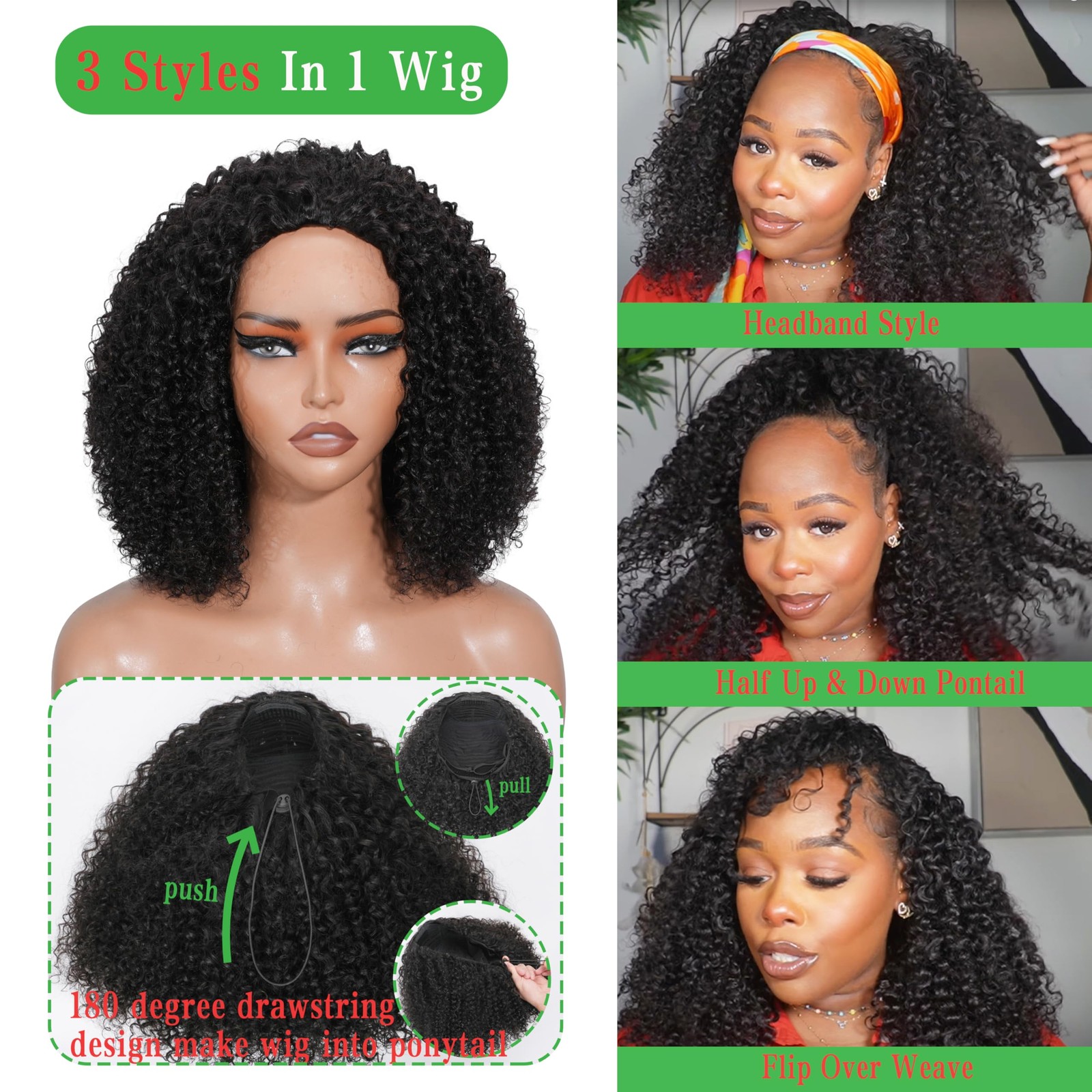Ziyu Half Wig Human Hair – 200 Density 3 In 1 Seamless Flip Over Curly Half Wig