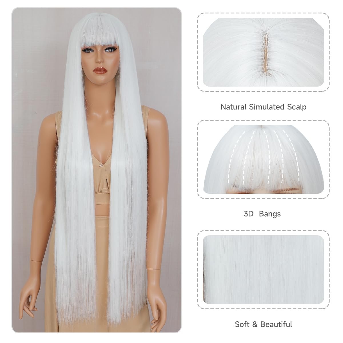 40” Synthetic Wig with Bangs Platinum White Wig Synthetic Hair Super Long St…