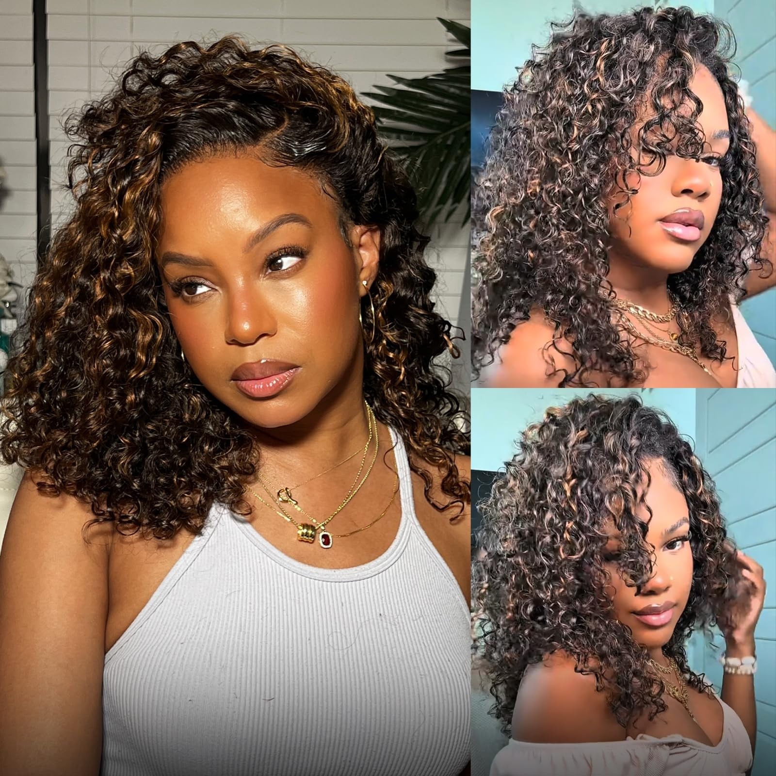 180 Density 16″ Human Hair Half Wig – Glueless, Drawstring, Clip-In, Water Wave,