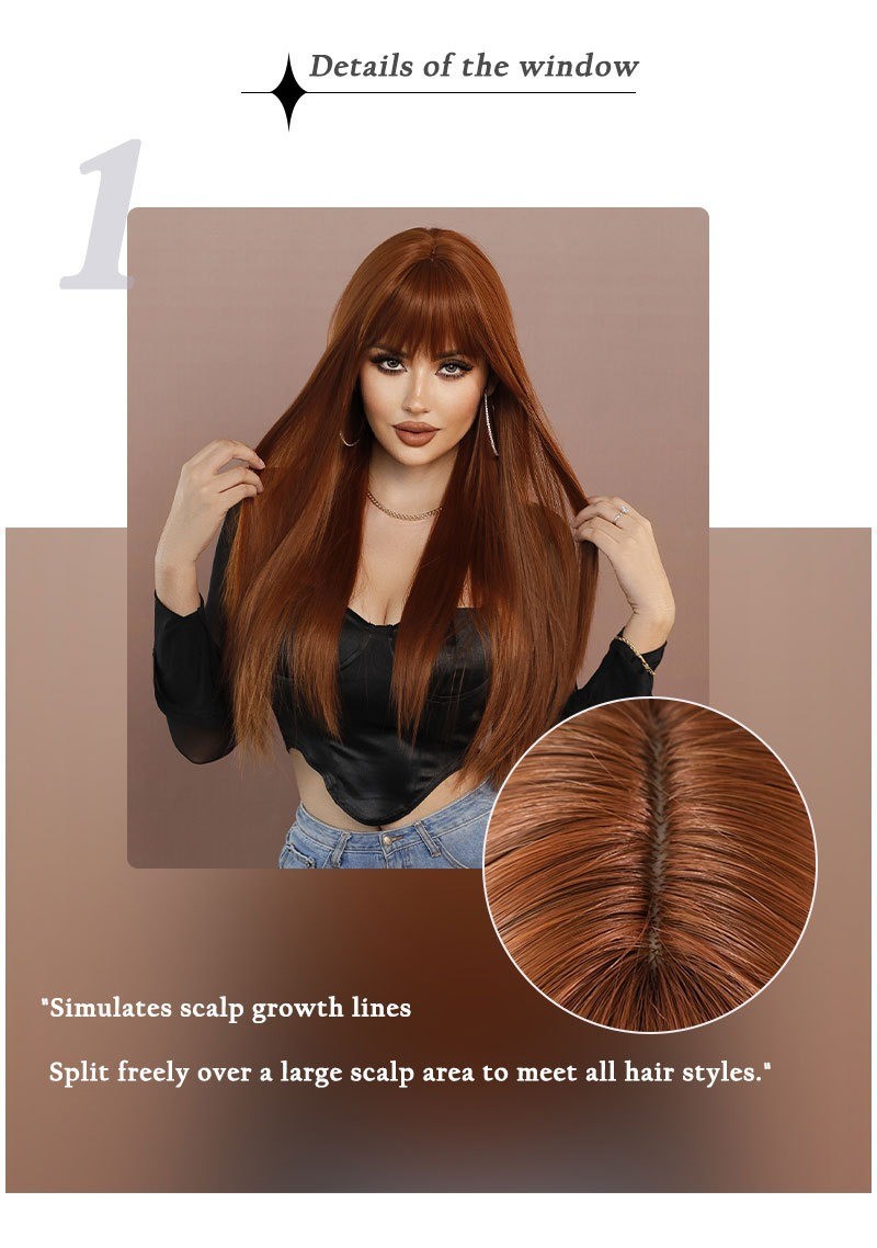 Long Straight Ginger Wig with Bangs for Women Synthetic Hair