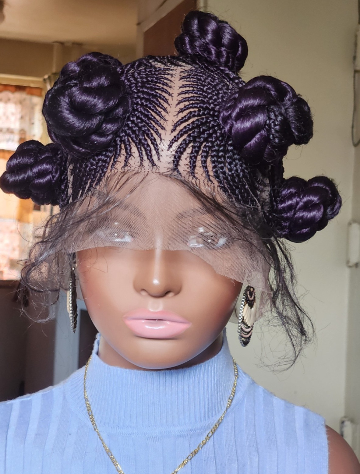 Handmade Bantu Knot Braided Full Lace Cornrow wig Dark purple