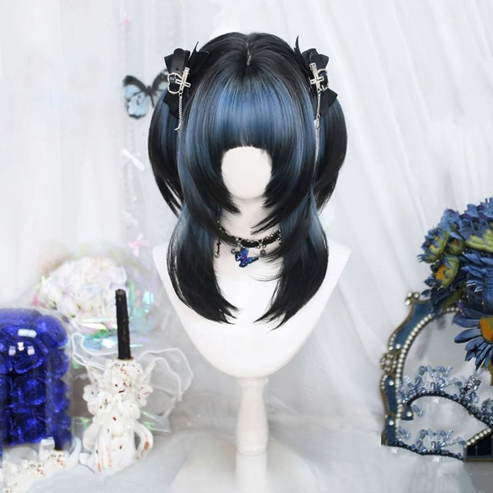 Black Blue Gradient Jellyfish Head Hairpiece Ombre Long Hair with Bangs Kawai…