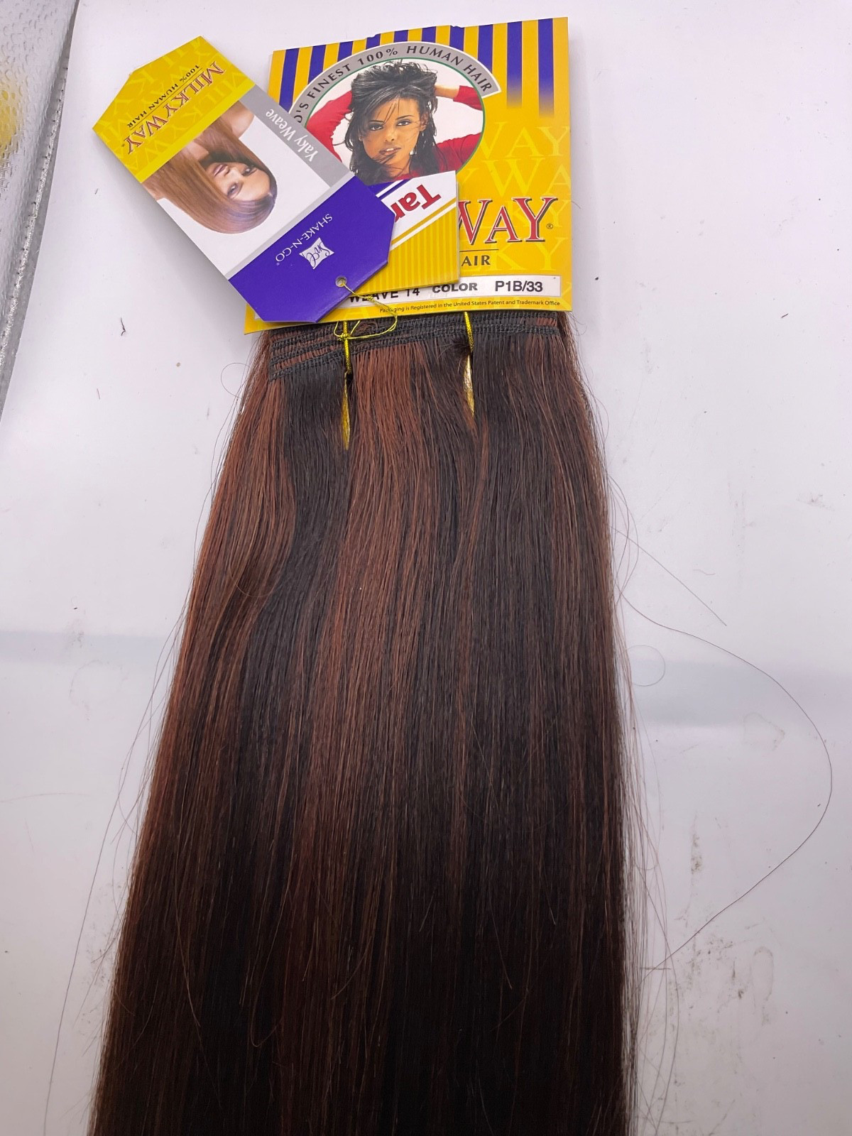Milky Way 100% Human Hair Yaky Weave 14″ Color: P1B/33