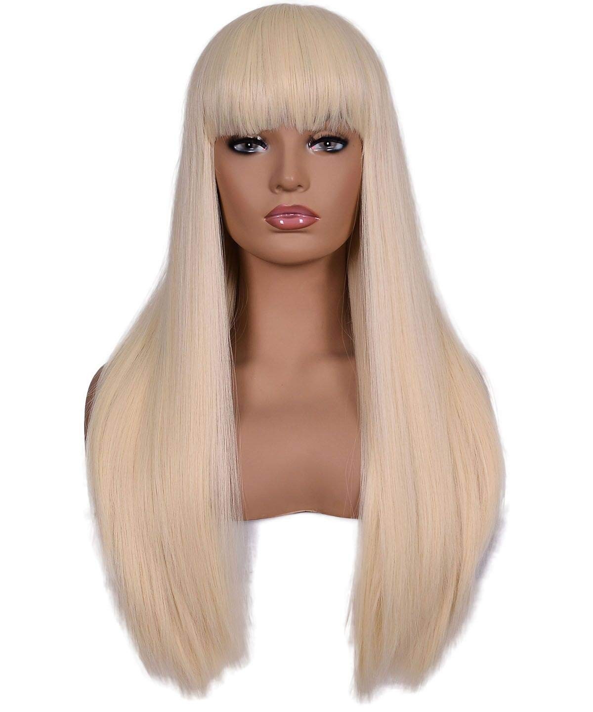 Women’s 26 inches Long Straight Blonde Synthetic Resistant Hair Wigs with Bangs