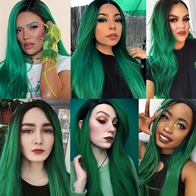 Long Straight Hair Wig Ombre Green Lace Front Wigs Glueless Heat Resistant Fiber