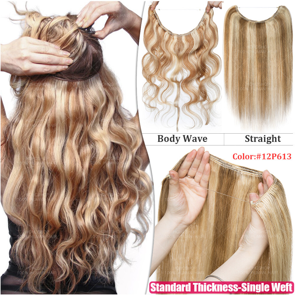THICK 100% Remy Human Hair Hidden Black Headband Wire In Extensions Body Wavy US