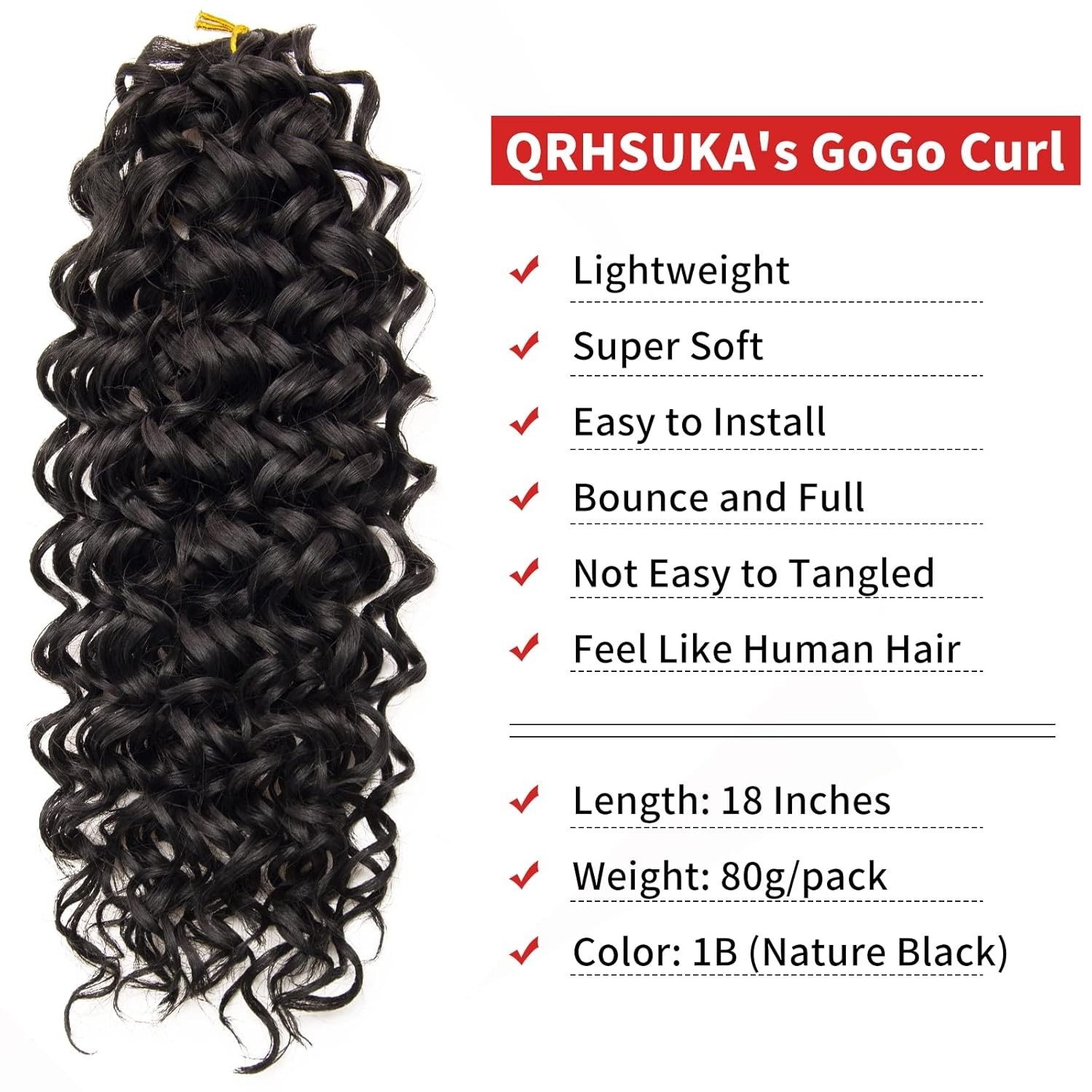 GoGo Curl Water Wave Curly Crochet Hair – 18 inch, Pack of 6 in 1B Natural Black