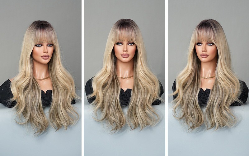 Gradually changing natural blonde long wavy hair synthetic rose net