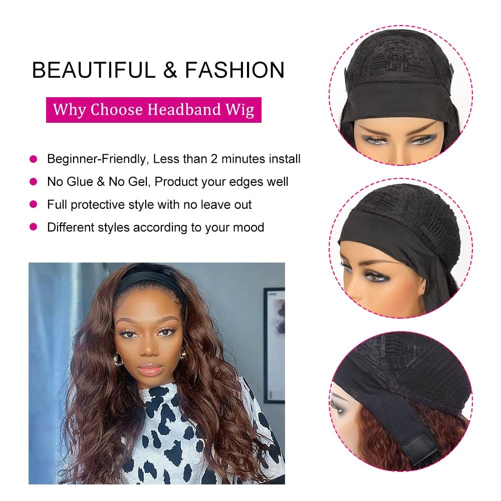 Yiweyowe 30 Inch 4 Chocolate Brown Headband Wig Human Hair 150 Density Grade 8A