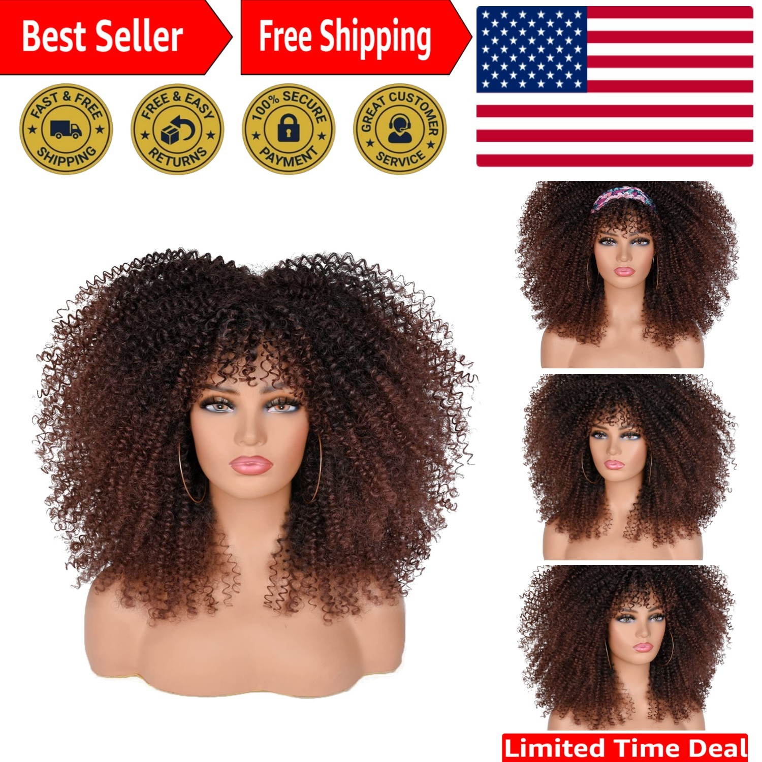 Heat-Resistant Afro Curly Wig with Bangs for Black Women – 16 Inch Full Coverage
