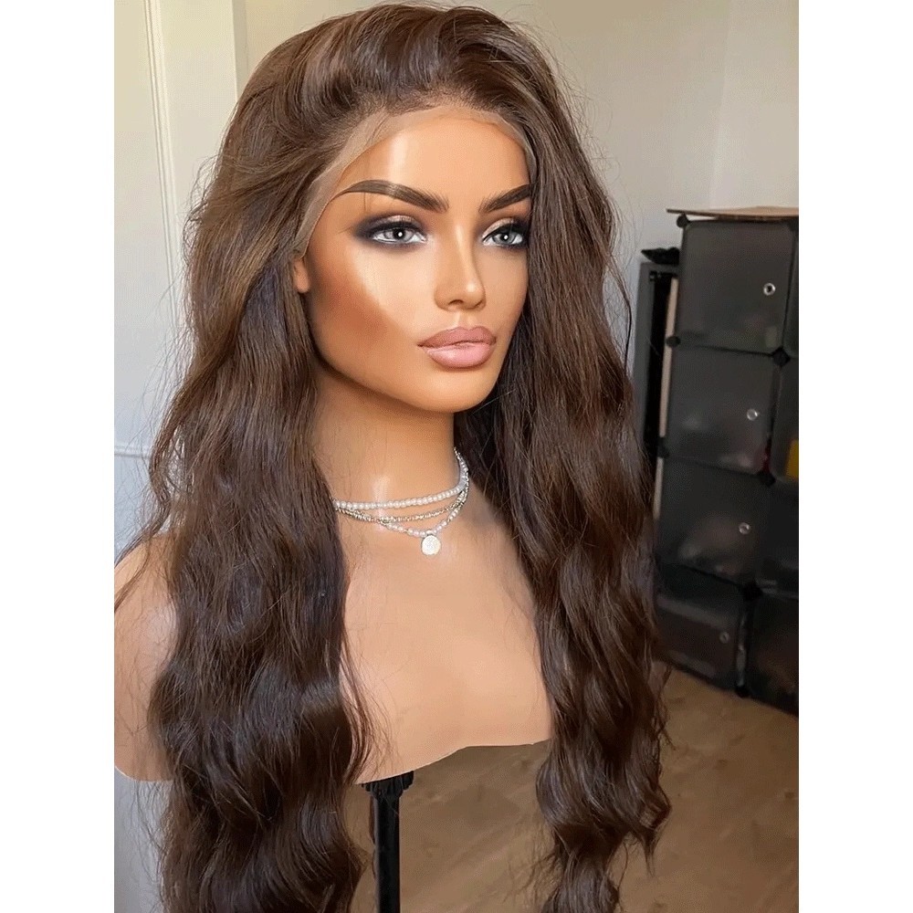 Heat Resistant Synthetic Hair Brown Pre Plucked Frontal Lace Wig Long Wavy