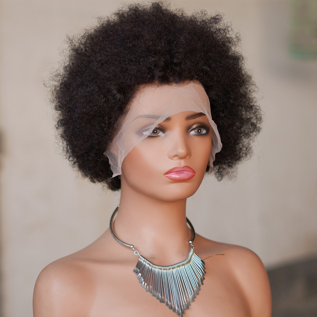 8″ Afro Kinky Curly 100%Human Hair 13X4 Frontal Lace Wigs Pixie Human Hair Wigs