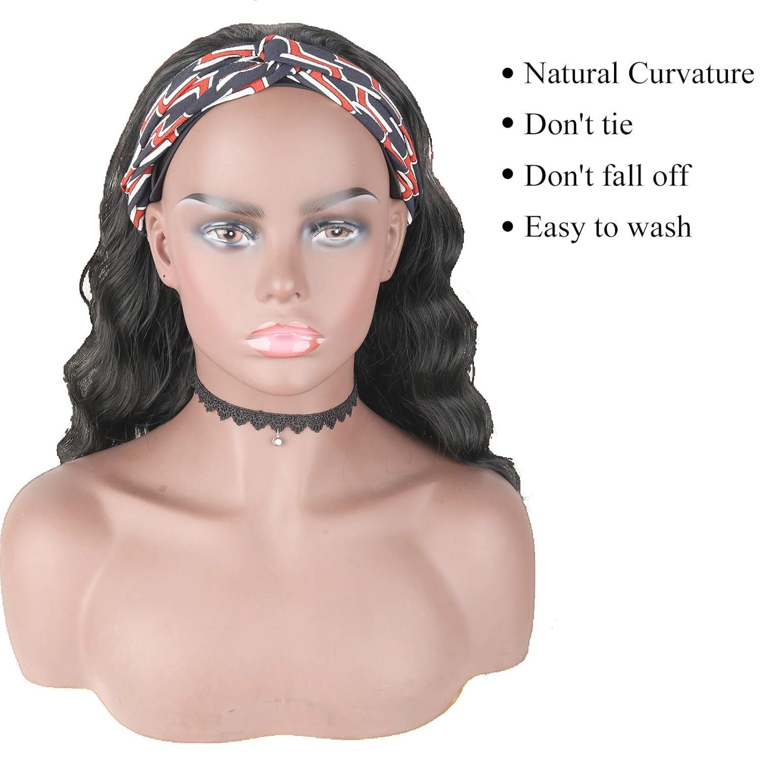 Ice Silk Headband Medium Long Wavy Water Synthetic Wig Heat Resistant for Women