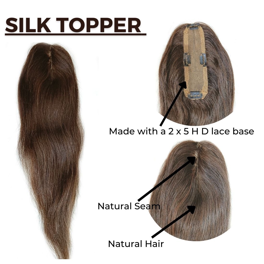 2X5 Topper Hairpiece Clip In Real Human Hair Silk Base Topper For Women and Girl