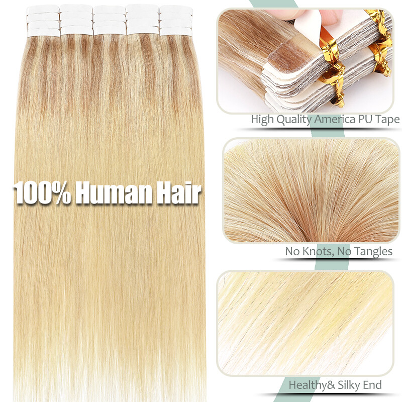 Seamless Tape In Skin Weft 100% Human Hair Extensions Real Remy Hair 40Pieces