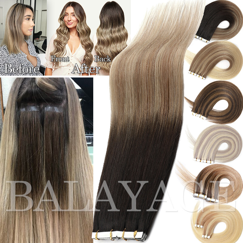 Tape in Hair Extensions 100% Real Remy Human Hair Skin Weft Dirty Balayage Ombre