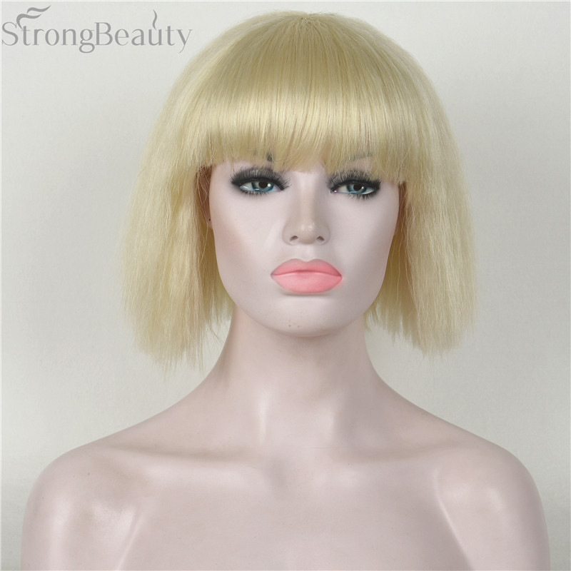 Synthetic Short Yaki Straight Wig Neat Bang Bob Black/Blonde Women’s Wigs